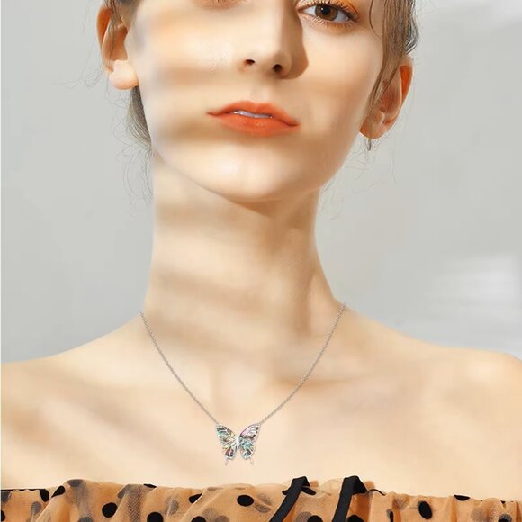 Butterfly Necklace, with clear link chain, Multi colors inlay Abalone Pendant - Picture 4 of 6